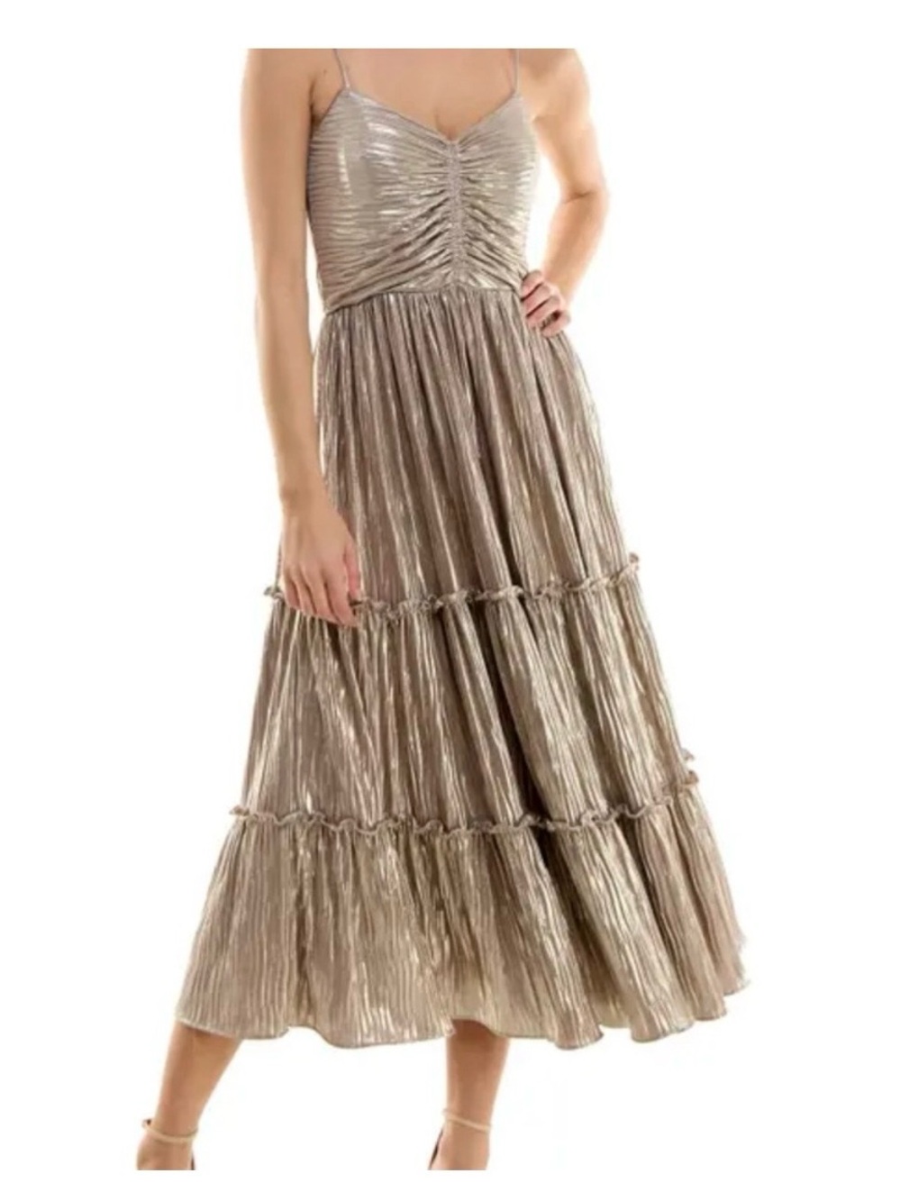 Socialite Metallic Gold Ruched V-Neck Tiered Maxi Dress